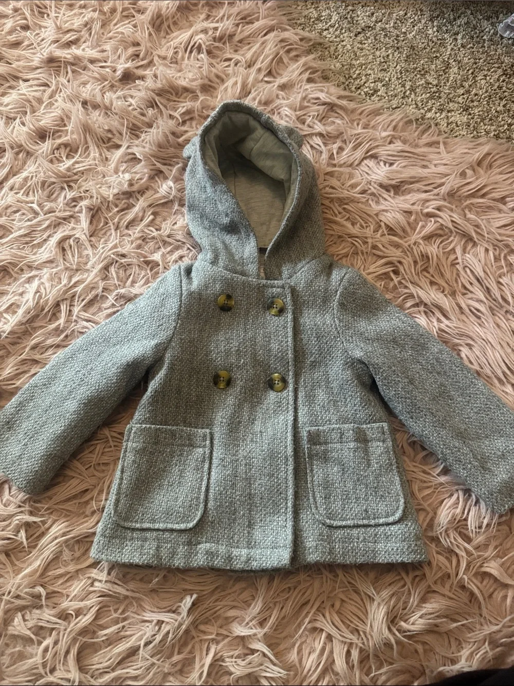 Carter's Hooded Double-Breasted Pea Coat in Light Gray With Metallic Threading